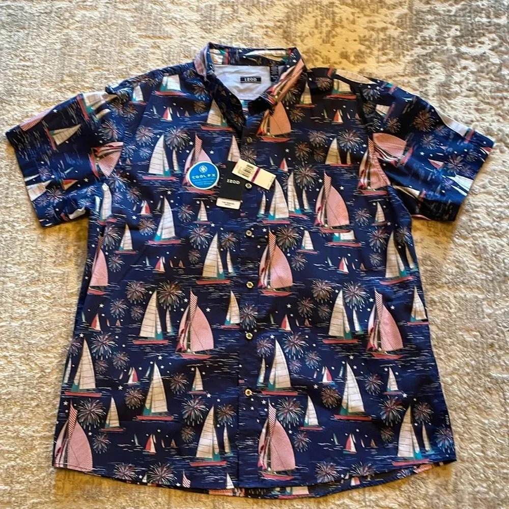 IZOD Men’s Button Down Shirt Sail Boat July 4th Size XXL Blue New With Tags